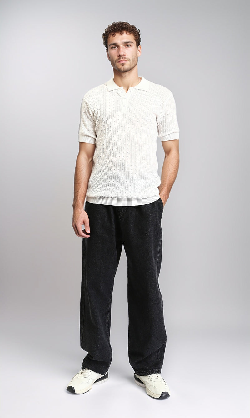 R206900 - Braided Buttoned Neck Polo Shirt - White
