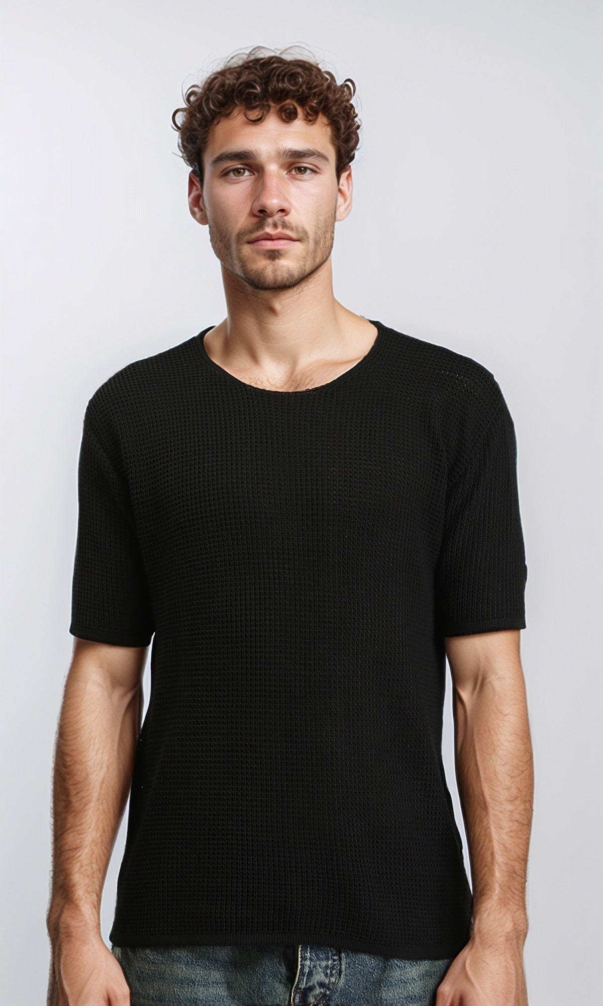Crew Neck Perforated Knit Tee - Black