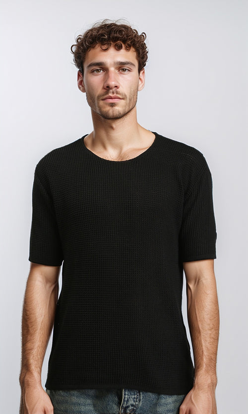 Crew Neck Perforated Knit Tee - Black