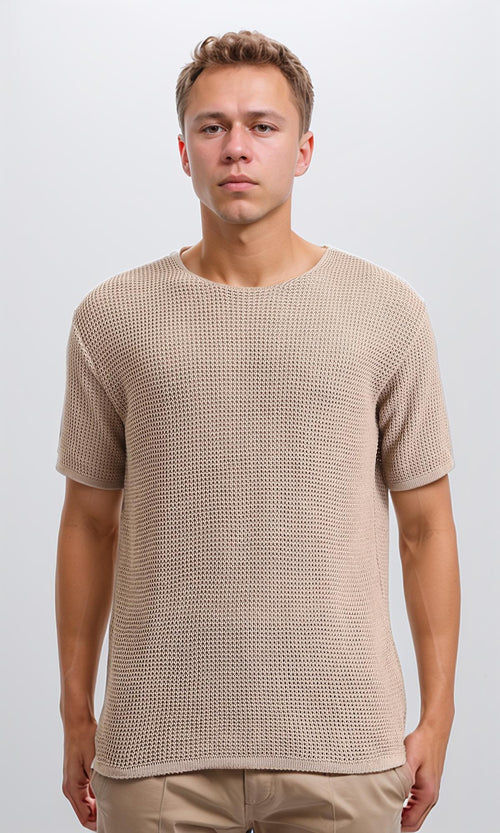 R206903 - Knitted Short Sleeves Regular Tee - Dark Beige