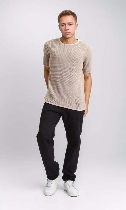 R206903 - Knitted Short Sleeves Regular Tee - Dark Beige