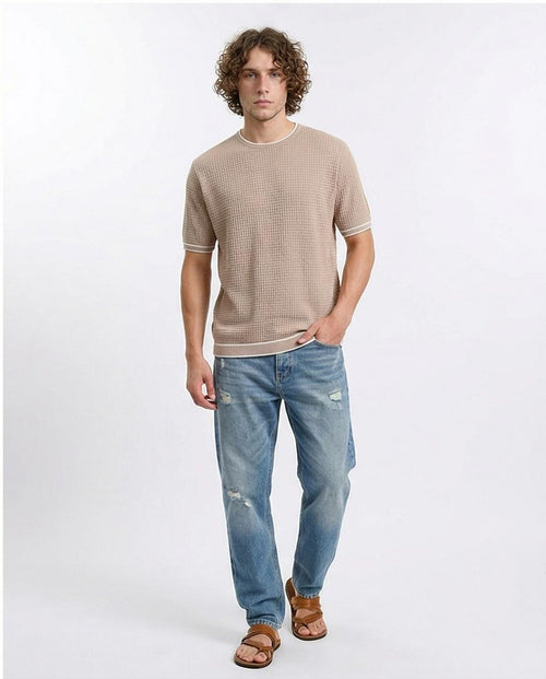 Ravin Tipped Waffle-Knit Short Sleeve Tee - Dark Beige - R206906