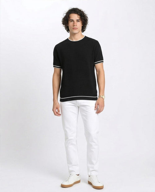 Ravin Contrast-Trim Waffle Knit Short Sleeve T-Shirt - Black - R206907