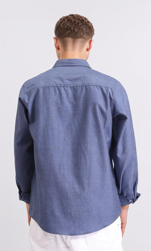 R206949 - Long Sleeves Solid Shirt with Front Pocket - Denim Blue