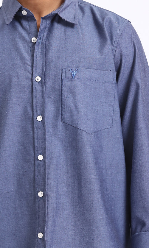 R206949 - Long Sleeves Solid Shirt with Front Pocket - Denim Blue