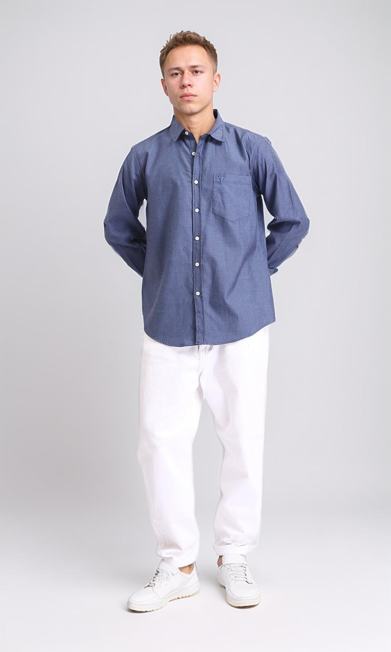 R206949 - Long Sleeves Solid Shirt with Front Pocket - Denim Blue