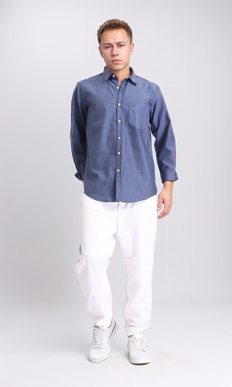 R206949 - Long Sleeves Solid Shirt with Front Pocket - Denim Blue