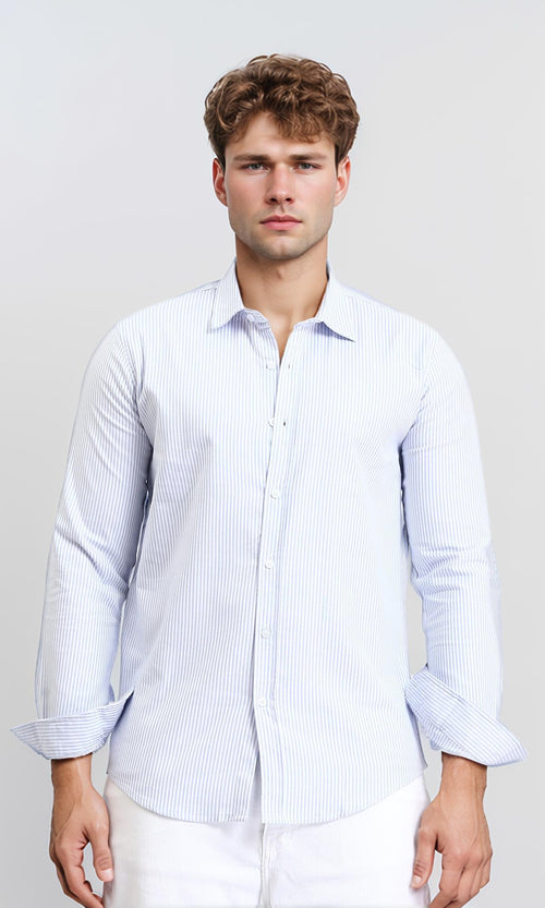 Pencil Stripes Long Sleeves Shirt - Light Blue & White