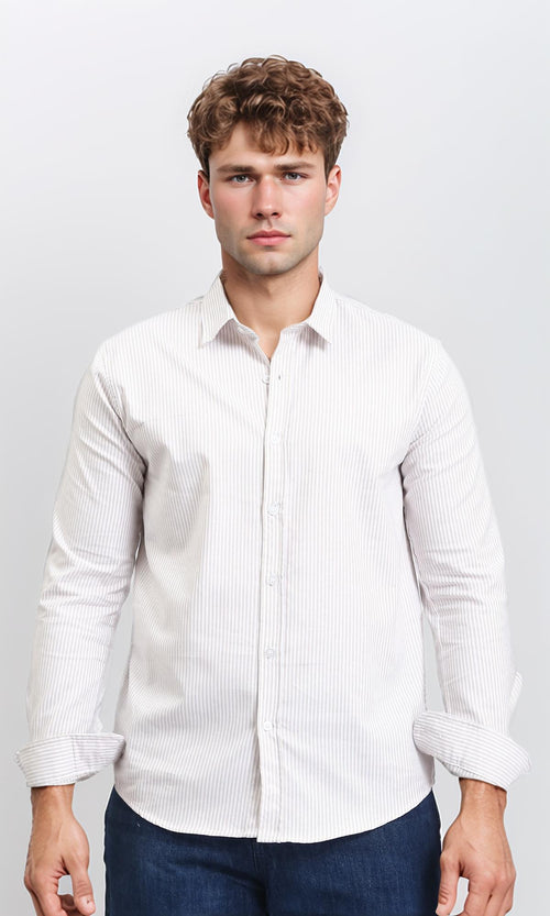R206958 - Pencil Stripes Long Sleeves Shirt - Light Coffee & White