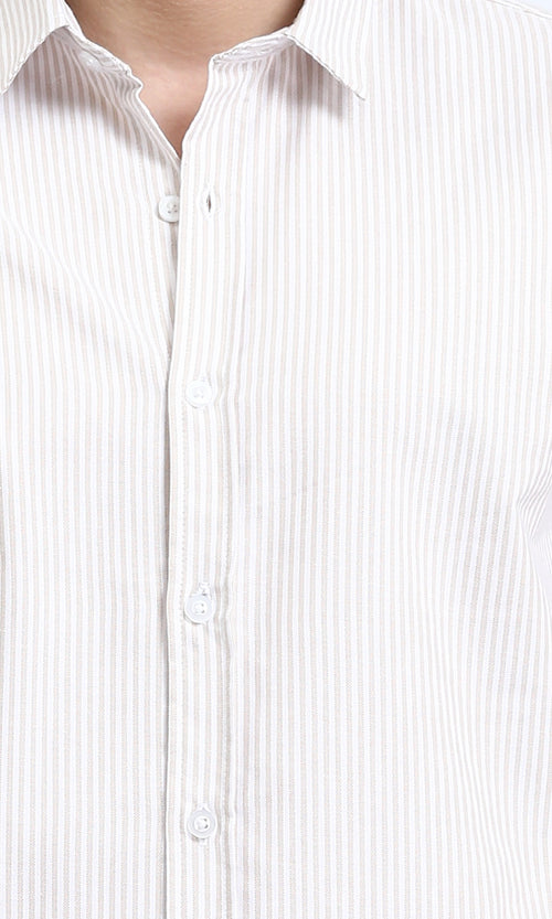 R206958 - Pencil Stripes Long Sleeves Shirt - Light Coffee & White