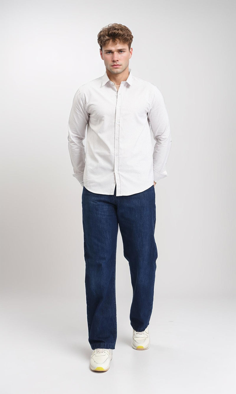 R206958 - Pencil Stripes Long Sleeves Shirt - Light Coffee & White