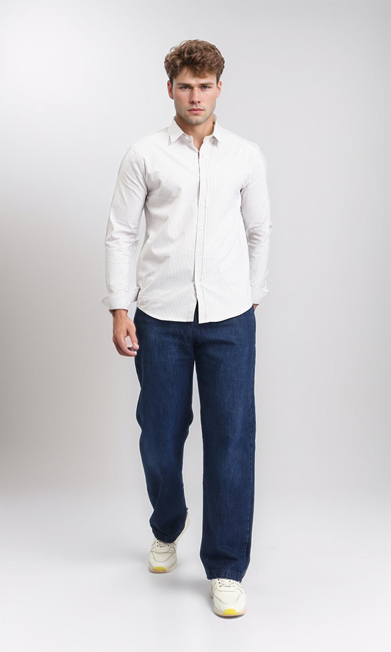 R206958 - Pencil Stripes Long Sleeves Shirt - Light Coffee & White