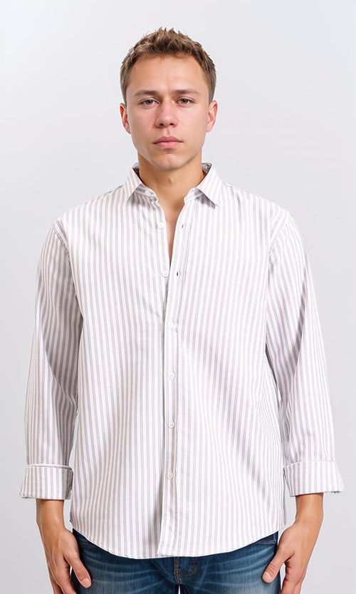 Elegant Striped Long Sleeves Shirt - Light Brown & White