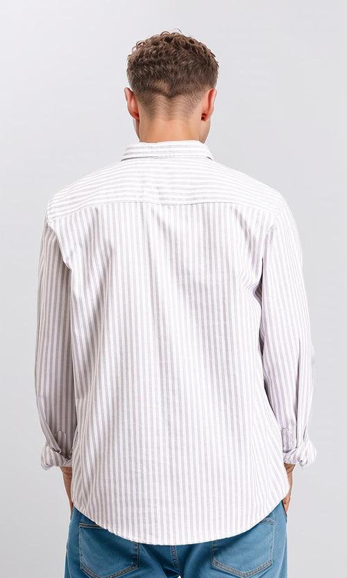 R206961 - Elegant Striped Long Sleeves Shirt - Light Brown & White