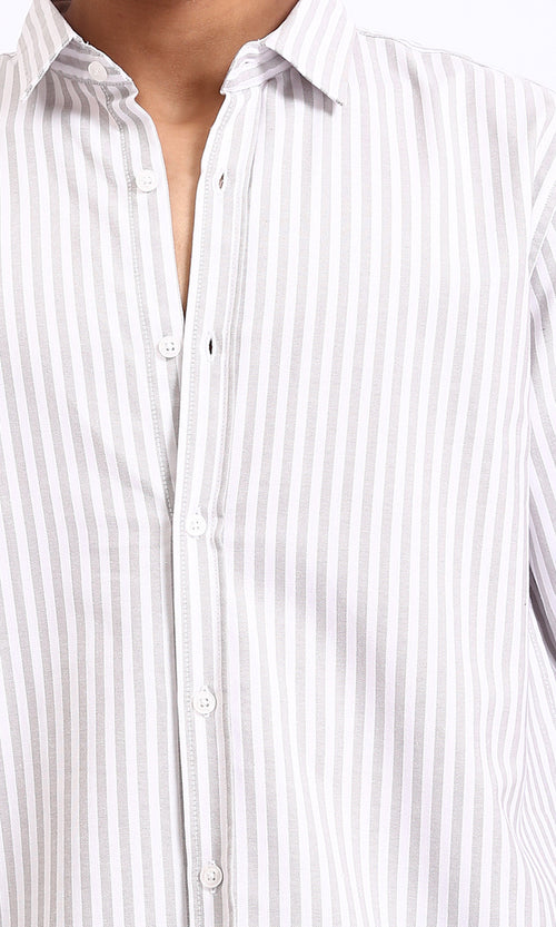 R206961 - Elegant Striped Long Sleeves Shirt - Light Brown & White