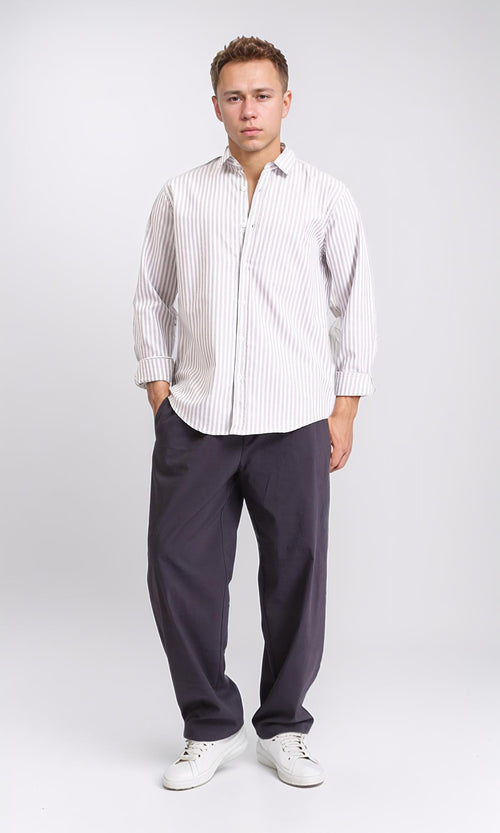 R206961 - Elegant Striped Long Sleeves Shirt - Light Brown & White