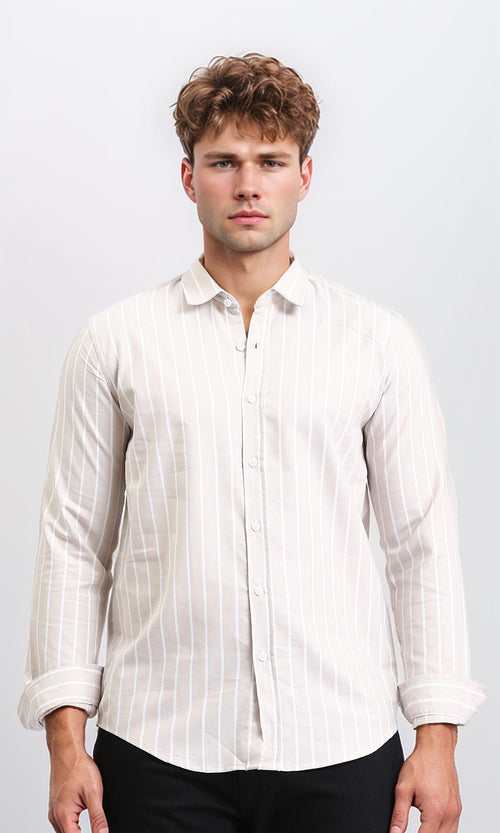R206964 - Striped Long Sleeves Elegant Shirt - Coffee & White