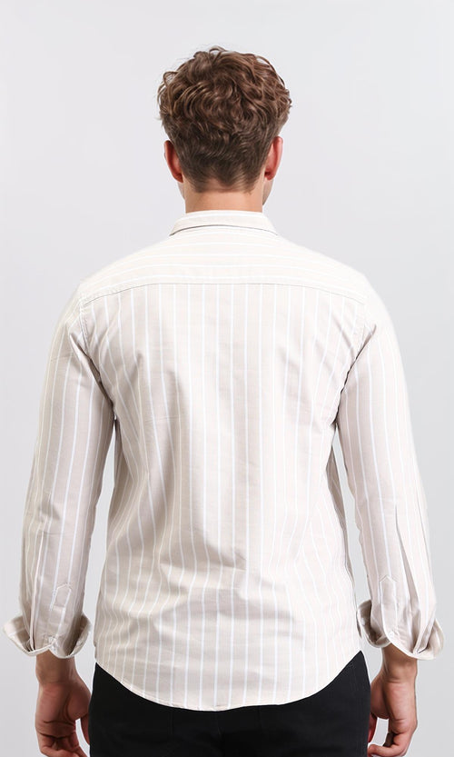 R206964 - Striped Long Sleeves Elegant Shirt - Coffee & White