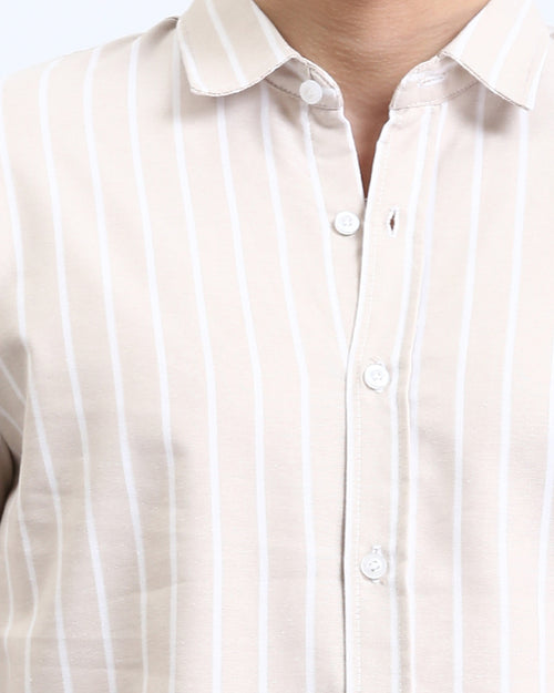 Ravin Men's 100% Cotton Striped Long-Sleeve Button-Down Shirt – Beige & White - R206964