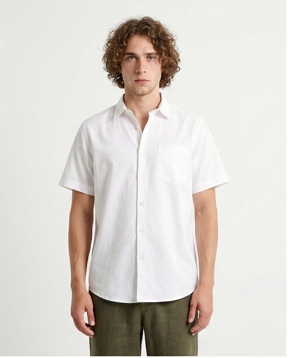 Short Sleeves Solid Buttoned Shirt - White