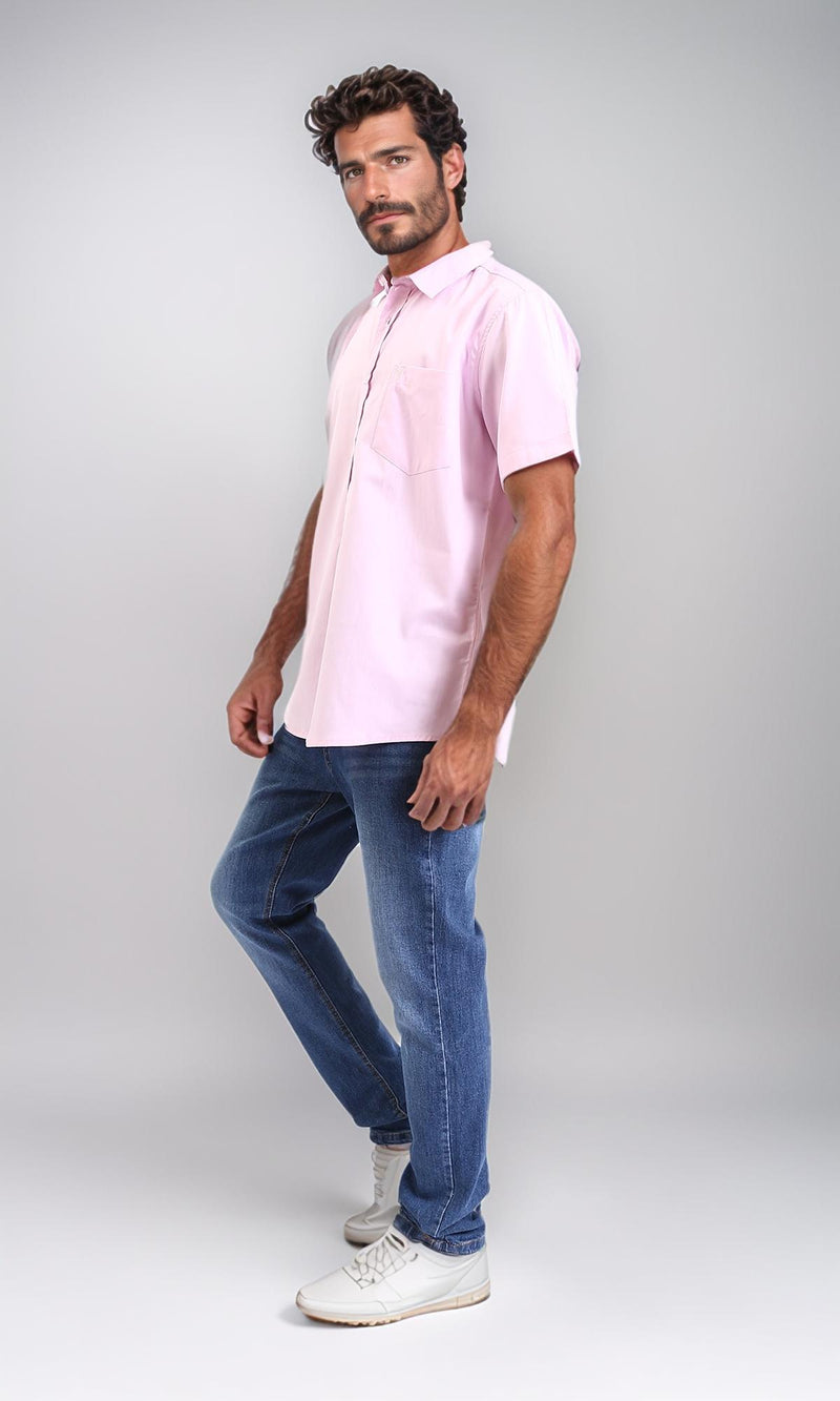 R206969-Buttoned Down Short Sleeve Shirt - Pink