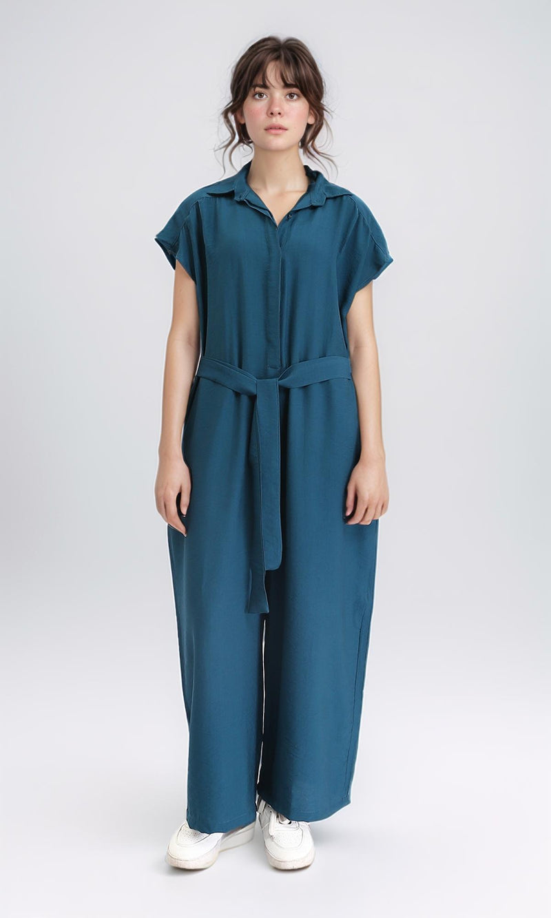R206971 - Solid Jumpsuit with Hidden Buttons - Teal