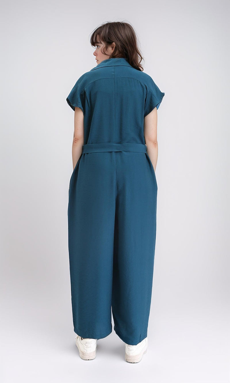 R206971 - Solid Jumpsuit with Hidden Buttons - Teal
