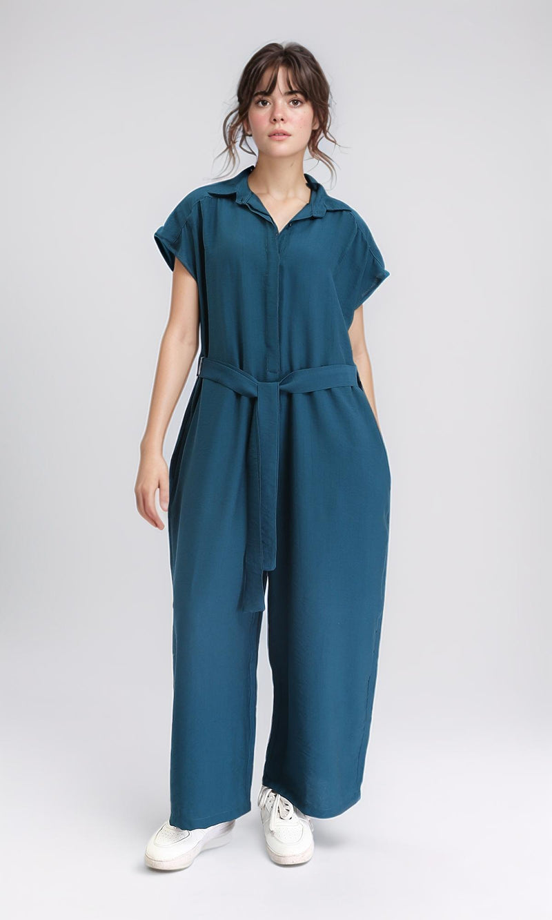 R206971 - Solid Jumpsuit with Hidden Buttons - Teal