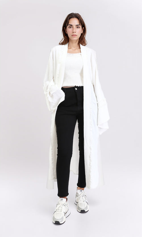 R206976 - Slip On Textured Long Cardigan - Off-White