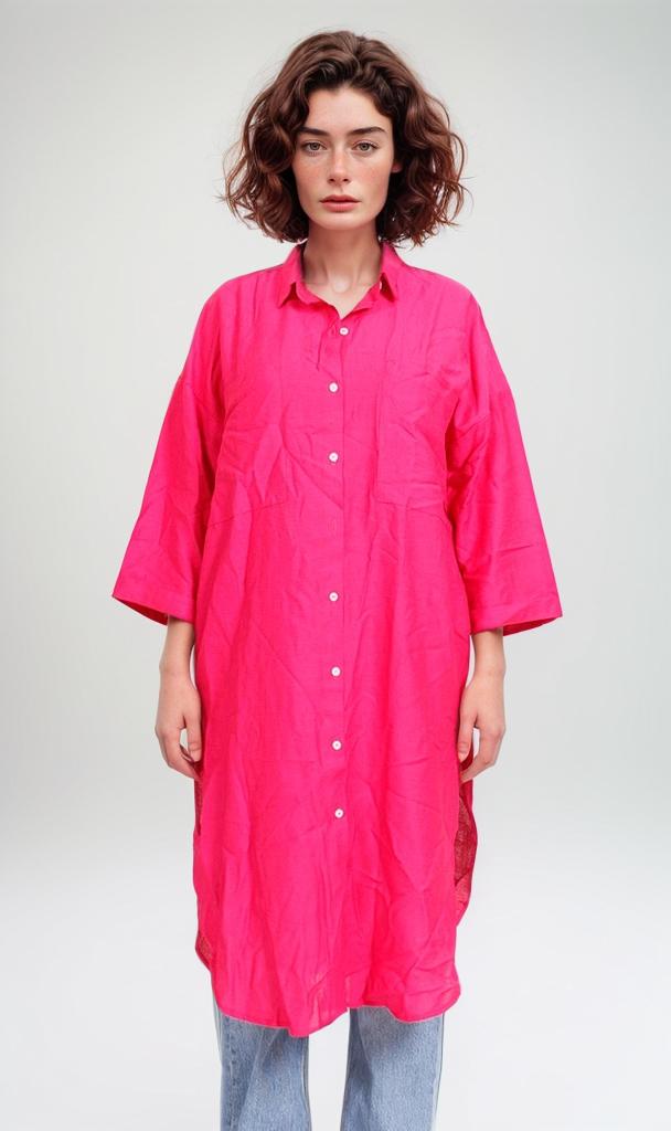 Oversized Button-Up Shirt Dress - Hot Pink