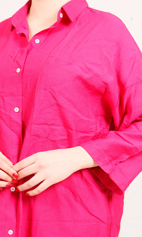 R206977-R206977 - Oversized Button-Up Shirt Dress - Hot Pink