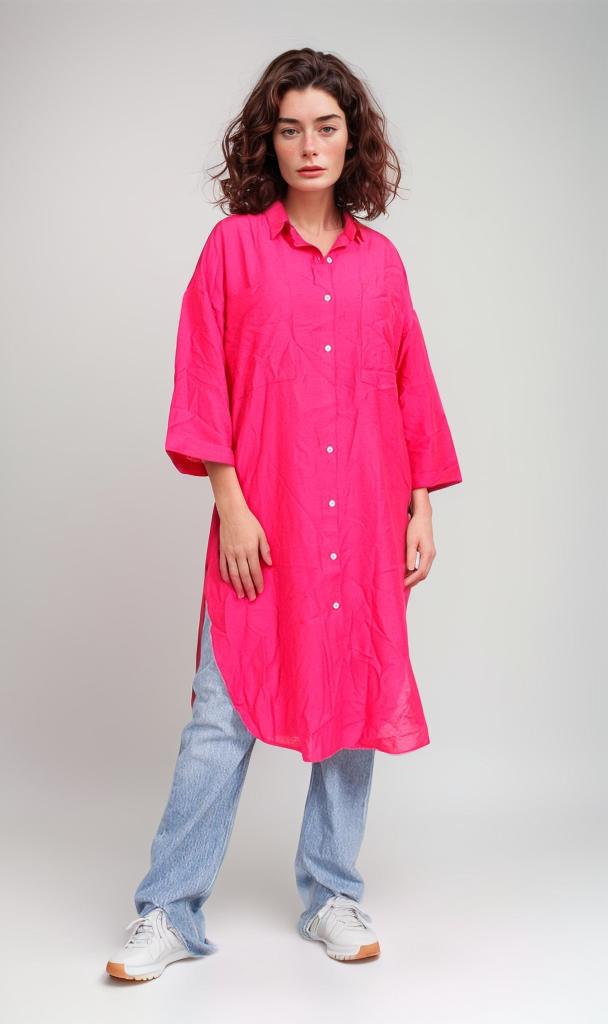 R206977-R206977 - Oversized Button-Up Shirt Dress - Hot Pink