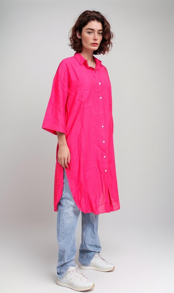 R206977-R206977 - Oversized Button-Up Shirt Dress - Hot Pink
