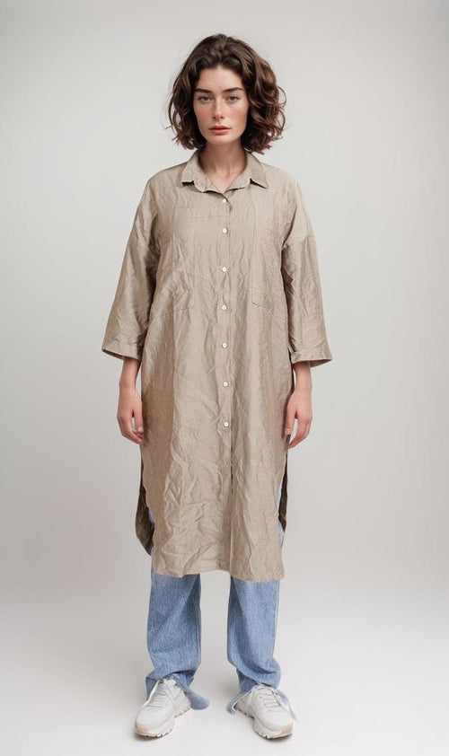 Crinkle Oversized Shirt Dress - Taupe