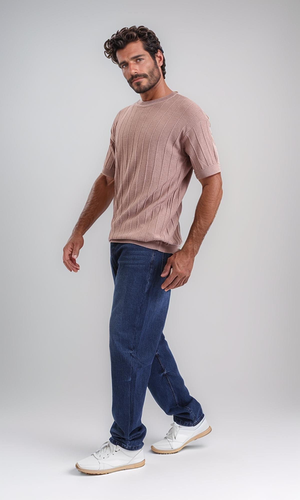 Dusty Rose Vertical Ribbed Knit T-Shirt