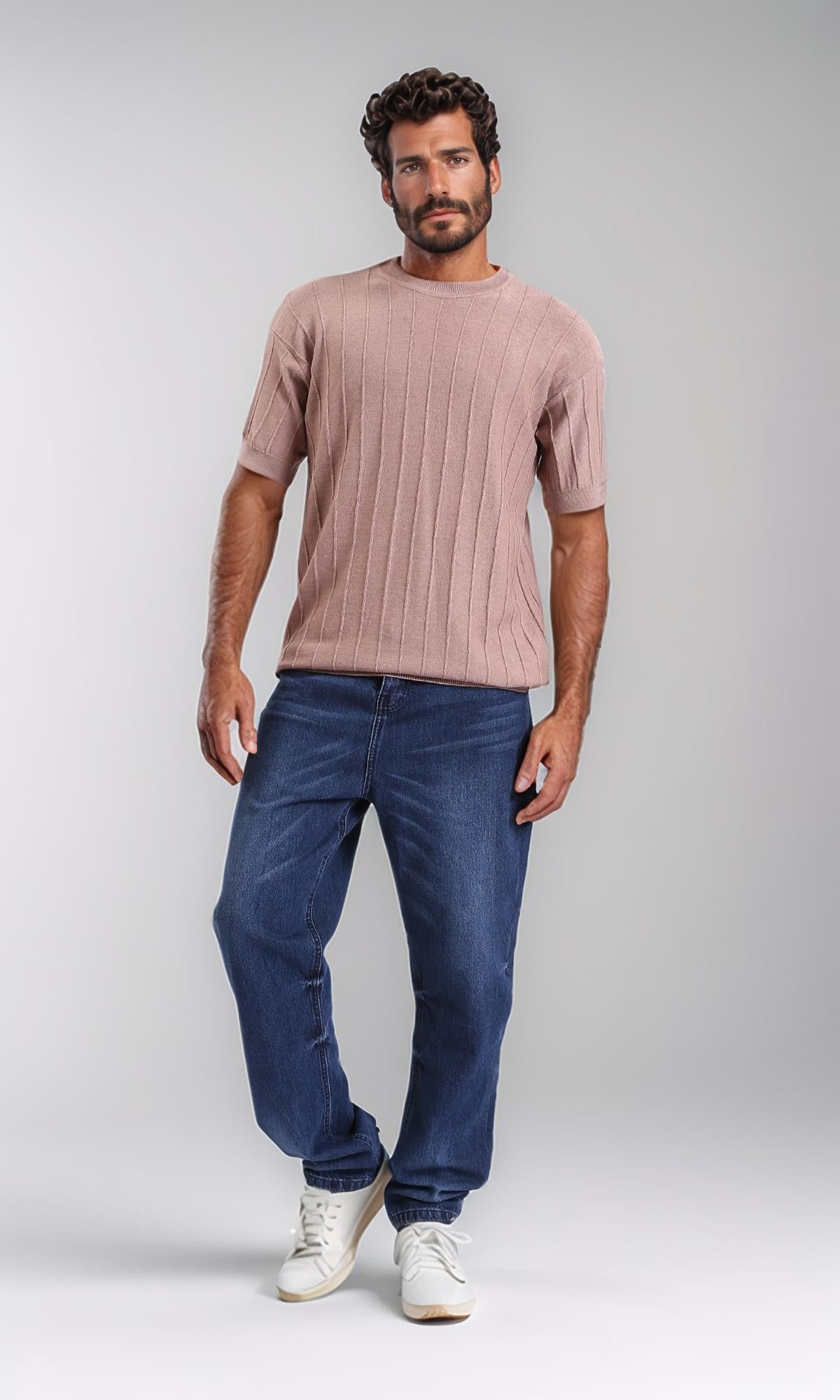 Dusty Rose Vertical Ribbed Knit T-Shirt