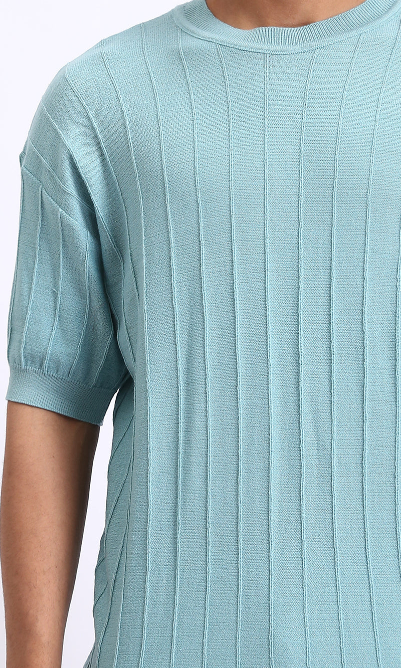 R206981 - Ribbed Round Neck Regular Tee - Light Sky Blue