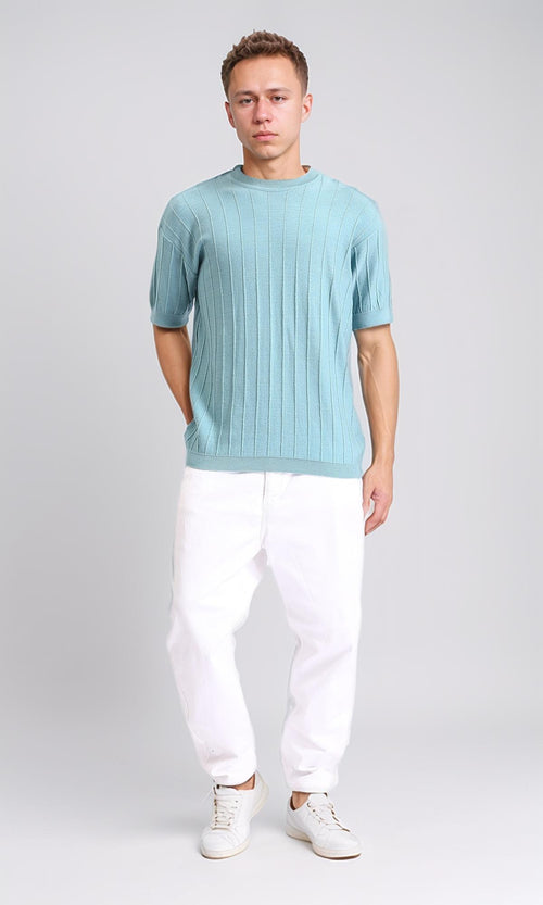 R206981 - Ribbed Round Neck Regular Tee - Light Sky Blue