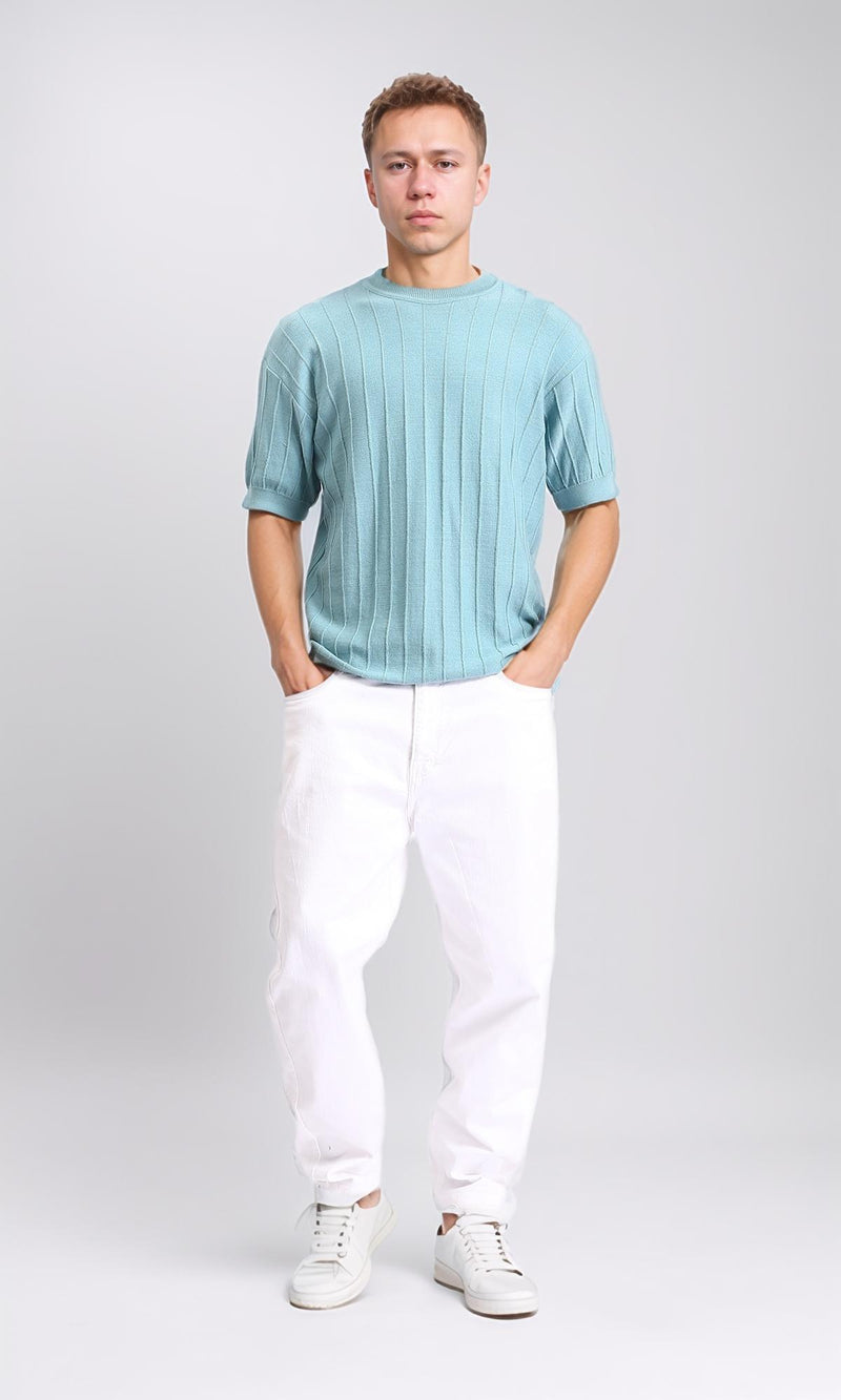 R206981 - Ribbed Round Neck Regular Tee - Light Sky Blue