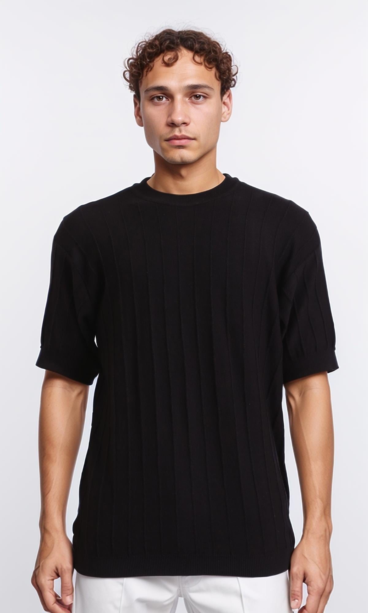 Ribbed Round Neck Regular Tee - Black