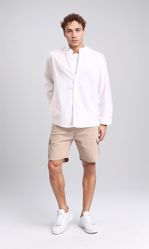 R206984 - Long Sleeves Solid Mandarin Shirt - White