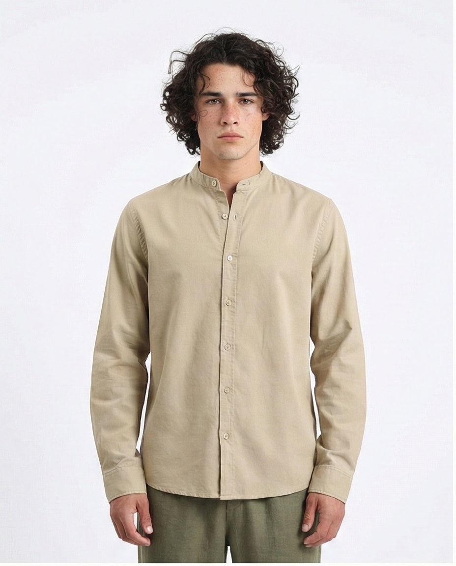 Long Sleeve Shirt with Mandarin Collar - Light Olive