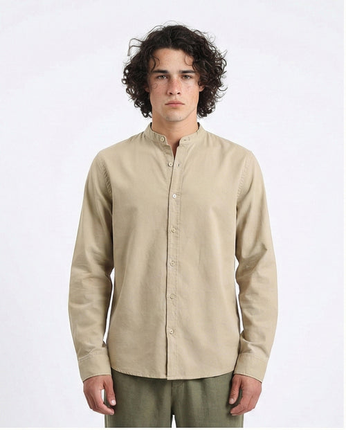 Long Sleeve Shirt with Mandarin Collar - Light Olive