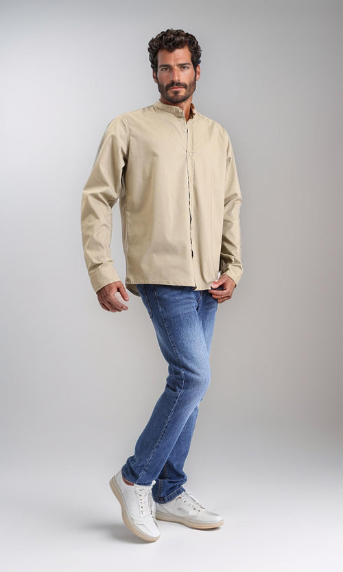 R206985 - Long Sleeve Shirt with Mandarin Collar - Light Olive