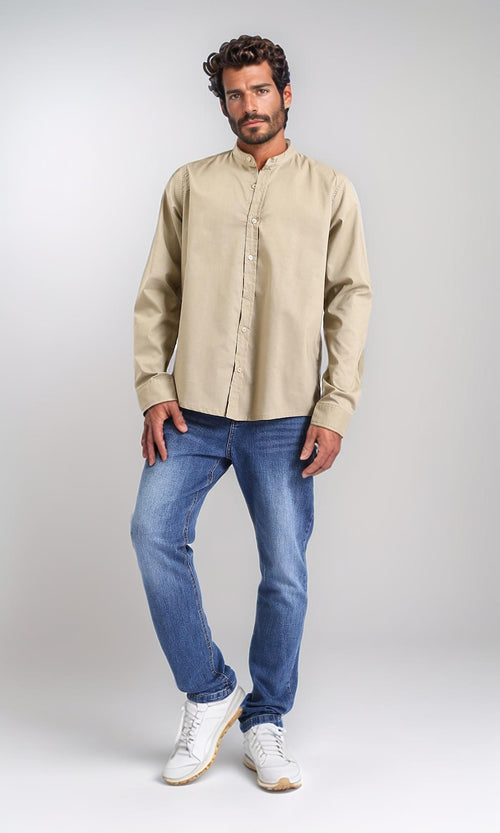 R206985 - Long Sleeve Shirt with Mandarin Collar - Light Olive