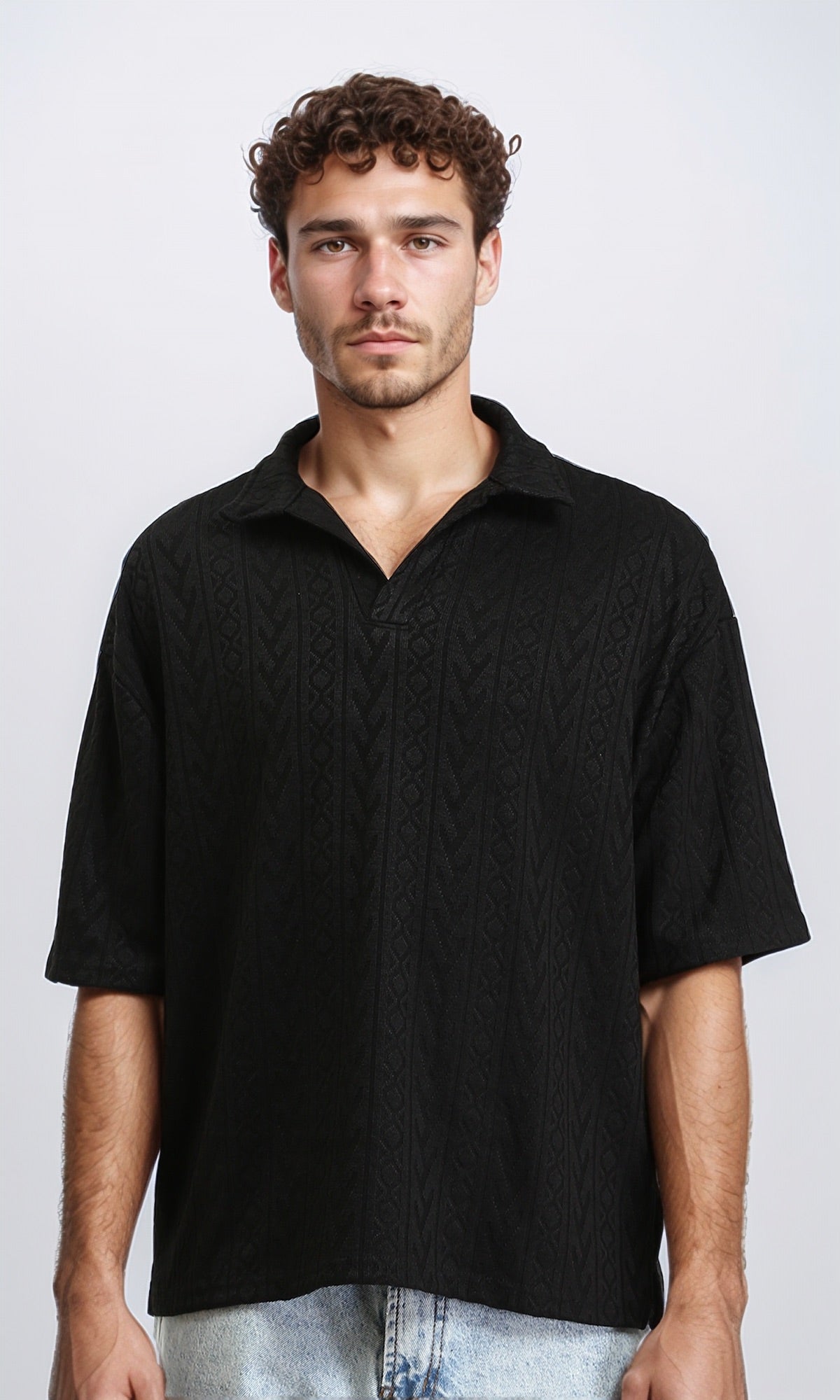 Self Pattern Slip On Polo Shirt - Black