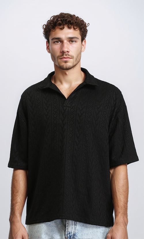 Self Pattern Slip On Polo Shirt - Black