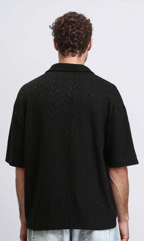 R207053 - Self Pattern Slip On Polo Shirt - Black