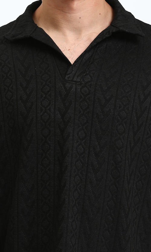 R207053 - Self Pattern Slip On Polo Shirt - Black