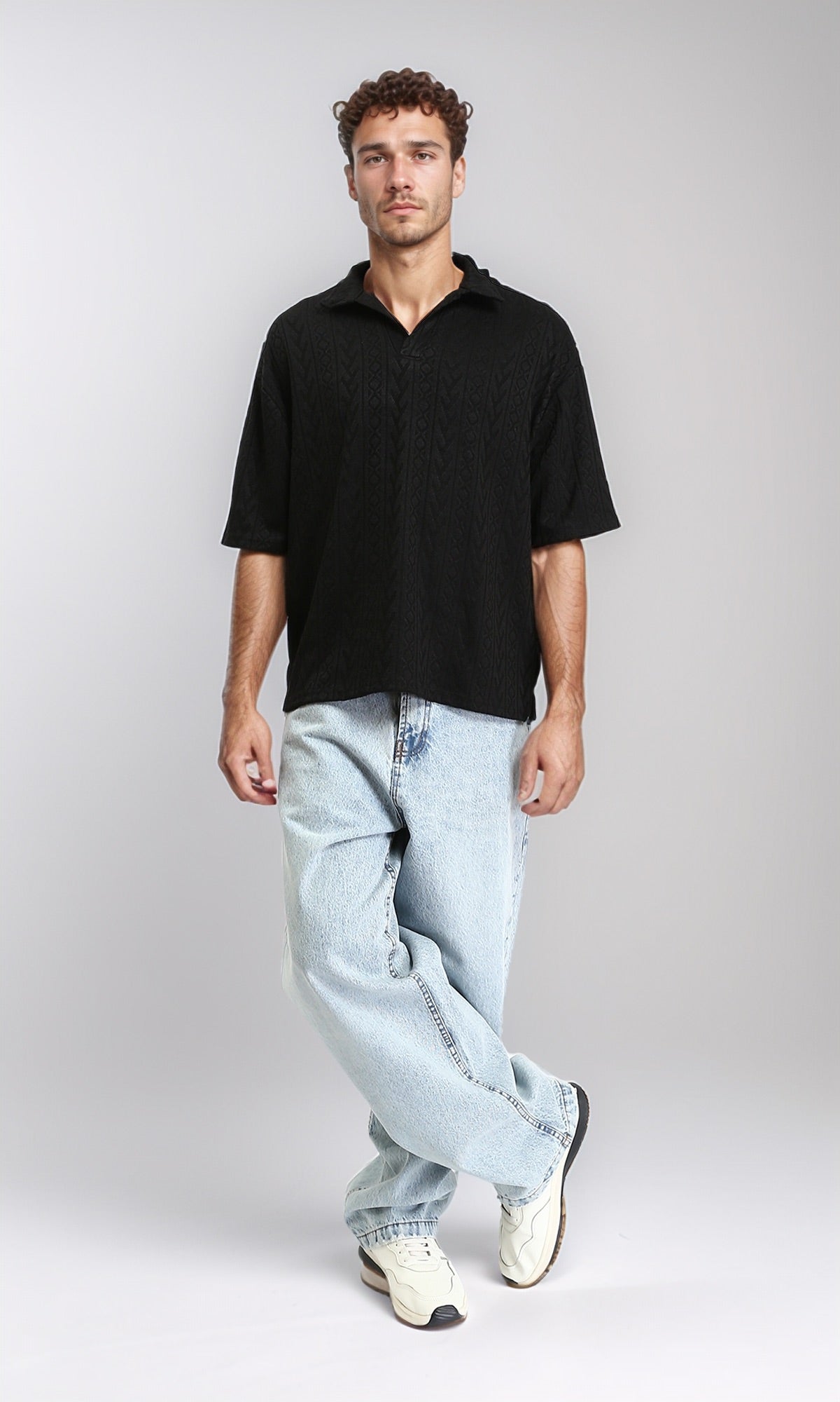 R207053 - Self Pattern Slip On Polo Shirt - Black